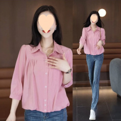 人気の女性用七分袖シャツ、おしゃれなお腹カバーショートトップス、2025春夏デザイン、外国風シャツ
