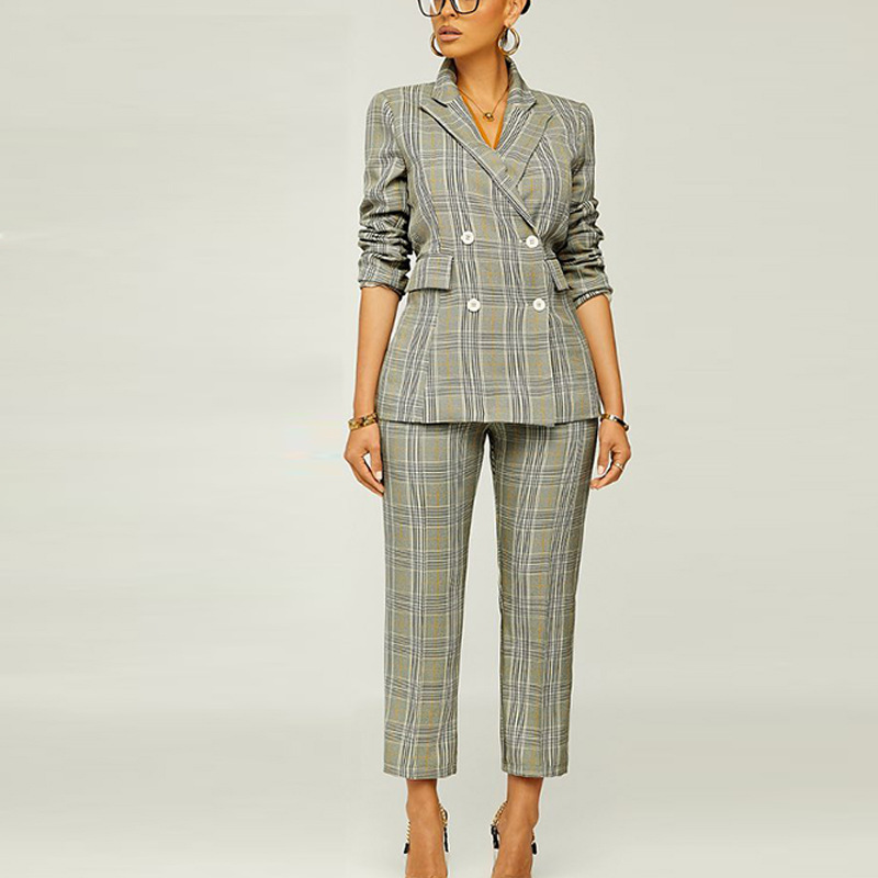 slim-fit long sleeve high waist lapel plaid suit and pant set NSJZC139610