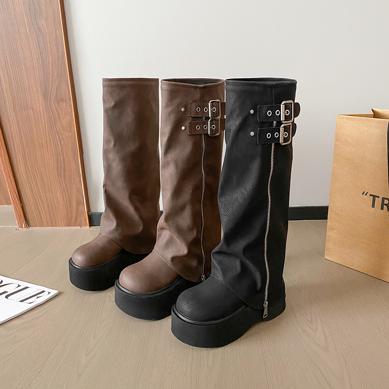 Thick-soled increased 2024 autumn long boots women's small trouser tube muffin knight boots chubby girl widened medium boots