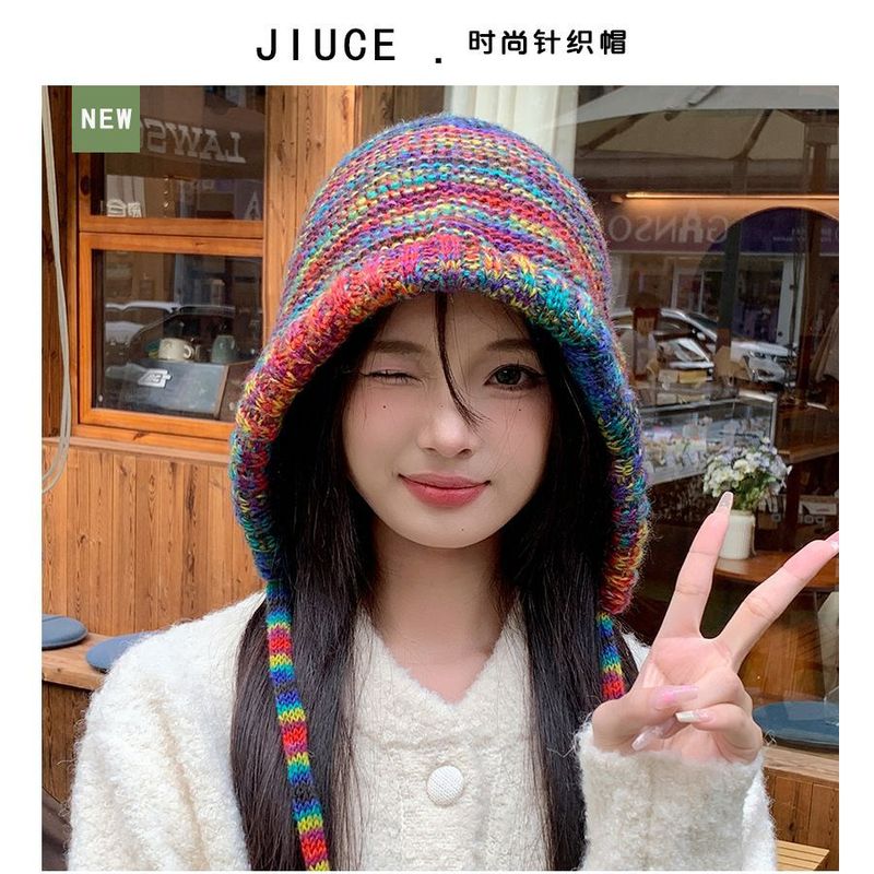 新款韩版民族时尚纯手工流苏多巴胺彩色球球毛线帽子女保暖包头帽|undefined