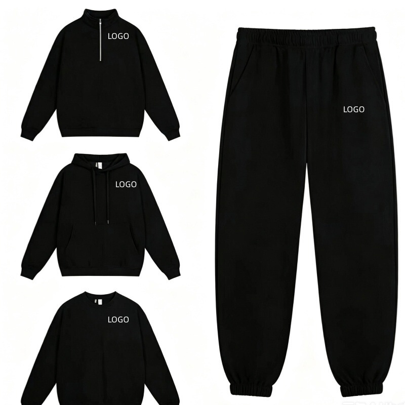 Cross-Border Plus-Size American-Style Letter Logo Spring and Autumn Hooded Round-Neck Half-Zip Casual Sports Set