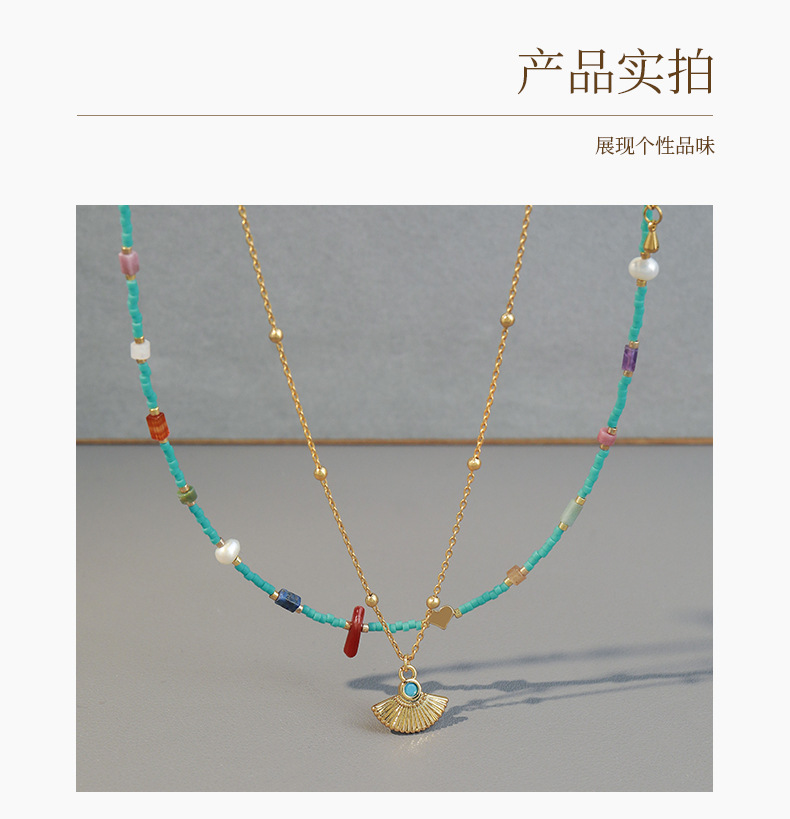 Linglang Retro Natural Stone Beaded Necklace 18K Gold Plated Pendant Necklace Stacked Choker