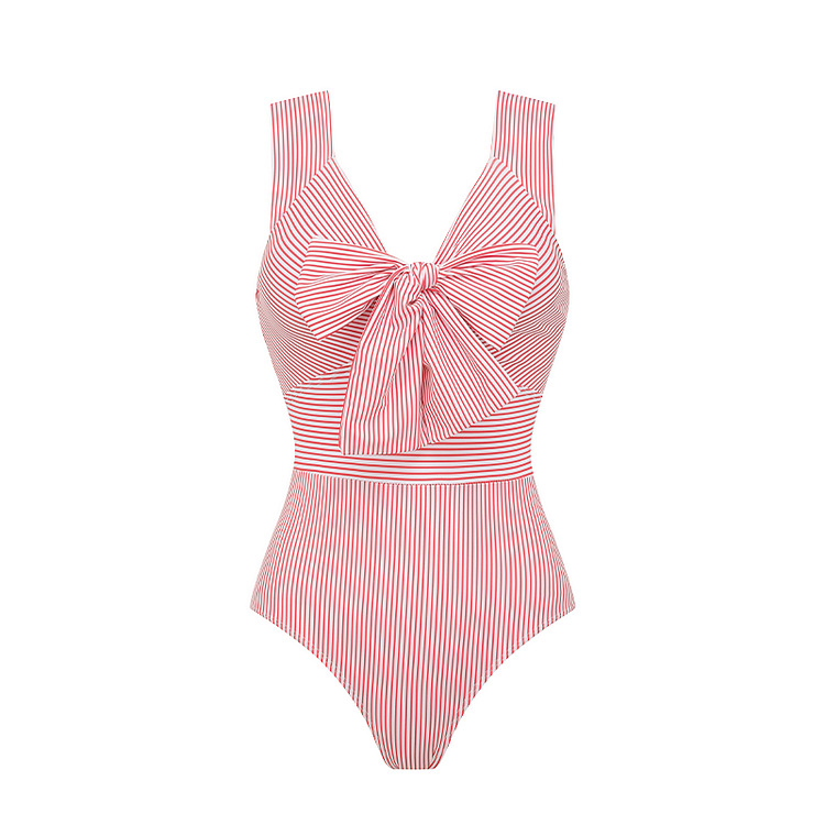Retro-Badeanzug für Damen mit Schleife – Gestreift und mit Rüschenbesatz (S-XL, schnelltrocknendes Nylon-Mischgewebe)_voghion.com