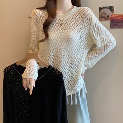 大码胖MM秋季新款圆领镂空流苏下摆长袖针织衫上衣弹力套头毛衣