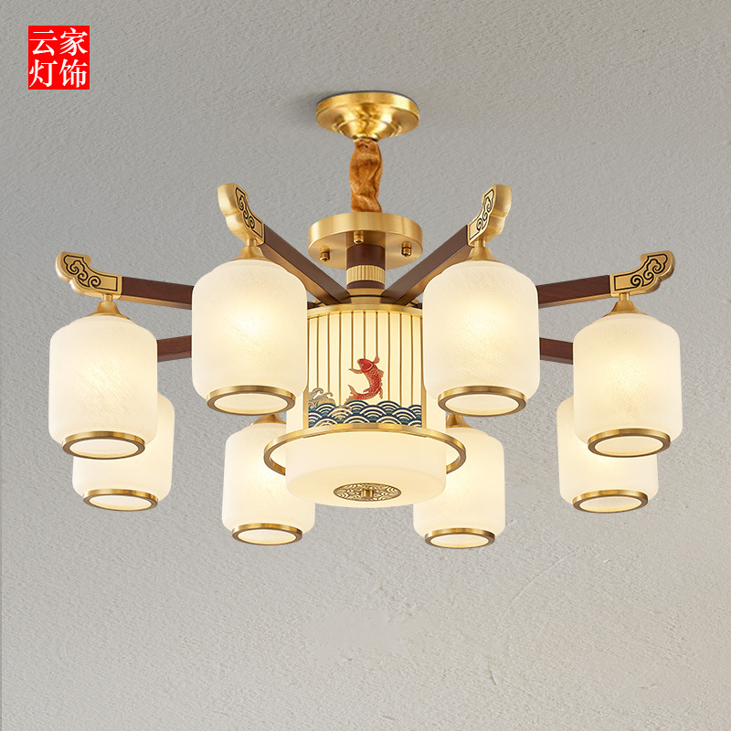 新中式黄铜实木吊灯客厅灯创意鲤鱼跃龙门中国风大气别墅餐厅灯具