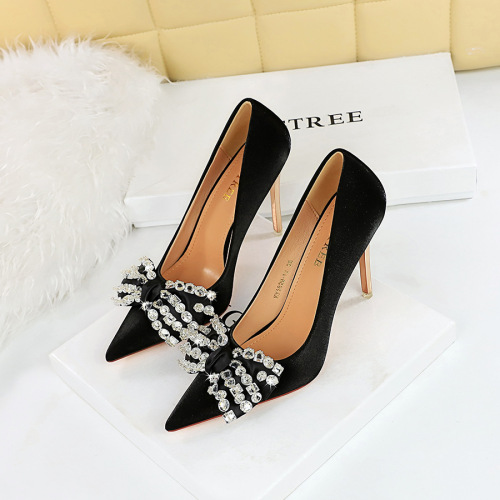 1829-H1 Banquet High Heels European and American Style Stiletto Heels Super High Heels Shallow Mouth Pointed Toe Satin Rhinestone Bow Shoes