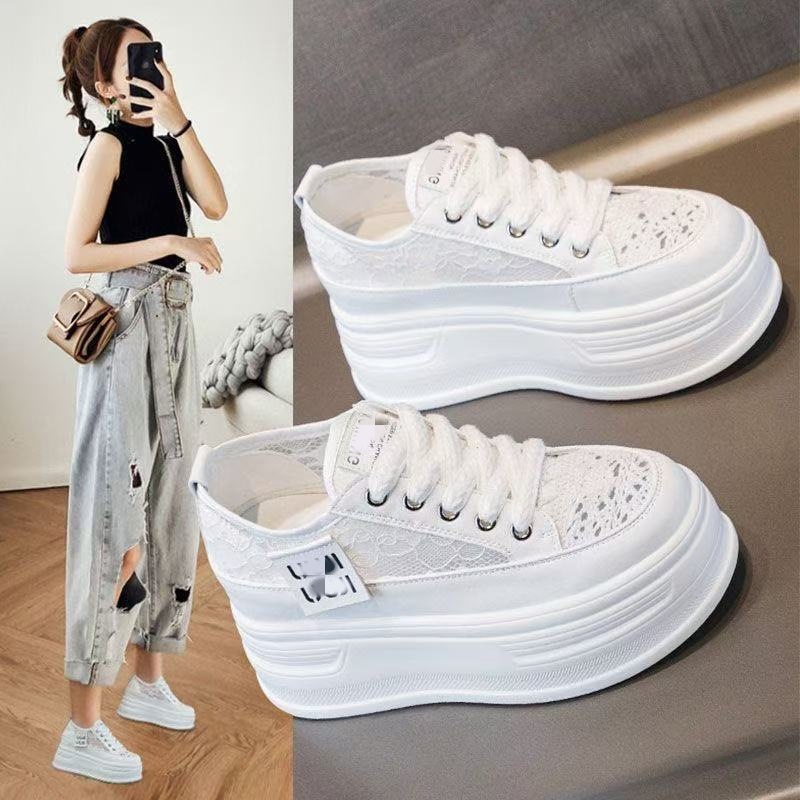 8cm de altura de zapatos blancos para mujeres 2026 nuevo verano de malla transpirable muffin zapatos casuales de skate
