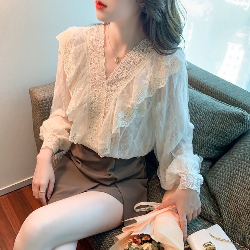 Shipped Ruffled Lace Chiffon Shirt Women's Long-Sleeved Bottoming Shirt 2025 Spring & Fall French Commuter Top