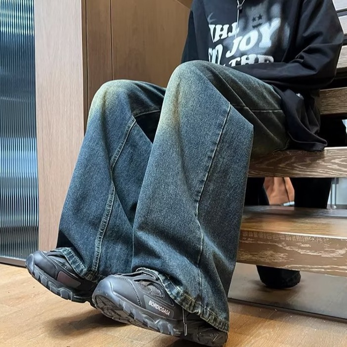 Calle drapeado pantalones vaqueros de pierna ancha Pantalones rectos sueltos de los hombres de la marca de moda lavada americana apenada pantalones largos Casuales