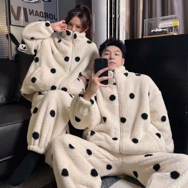 Polka Dot Coral Fleece Couple Pajamas suit Winter Zipper Flannel Men's Loose Casual Home Clothes for Girls