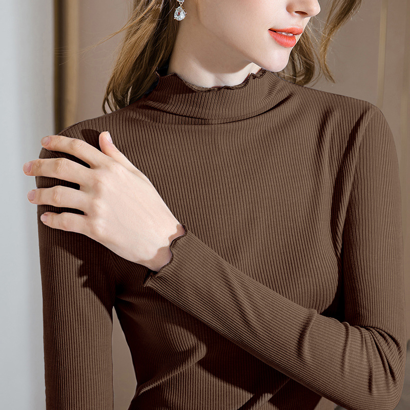 Camiseta interior modal para mujer, cuello medio alto, ropa de mujer 2024, efecto rejuvenecedor, borde con volantes, ropa interior para otoño e invierno, top ajustado a la cintura con mangas con volantes.
