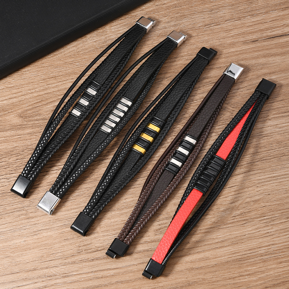 TEMU Xiyin una variedad de puntos estilo retro europeo y americano aleación lineal hebilla de succión magnética pulsera de cuero para hombre tejida a mano