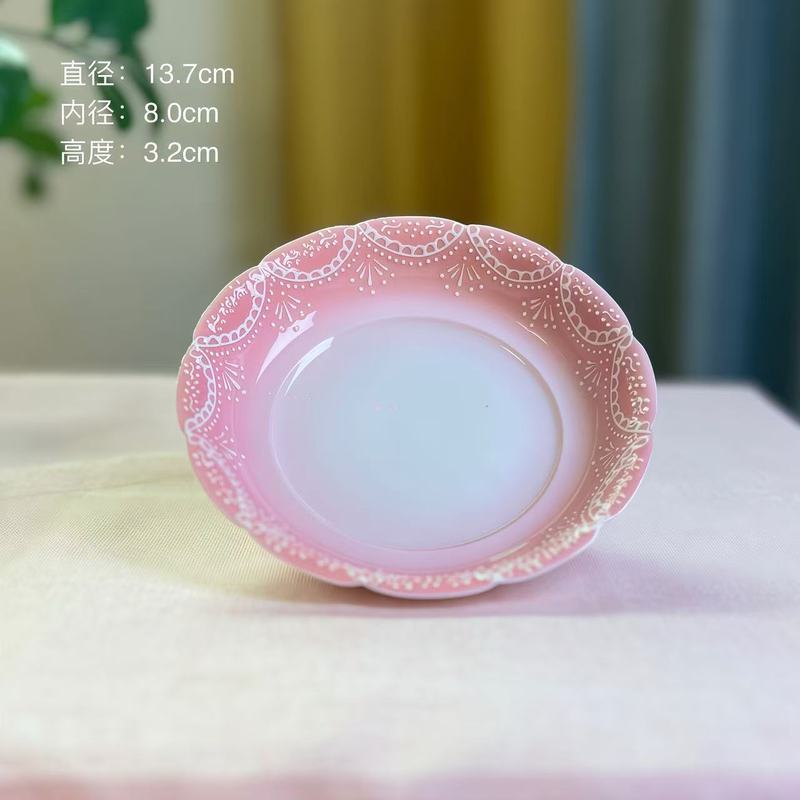 手绘珠帘陶瓷盖碗茶杯高颜值功夫茶具花口粉色泡茶碗手工中式茶盏|undefined
