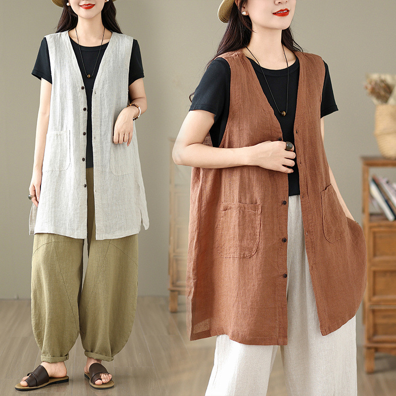 Real Shot of 2025 New Summer Fashion Cotton and Linen Mid-Length Vest for Women with V Neck Single-Breasted Age-Reducing Versatile Vest for Women