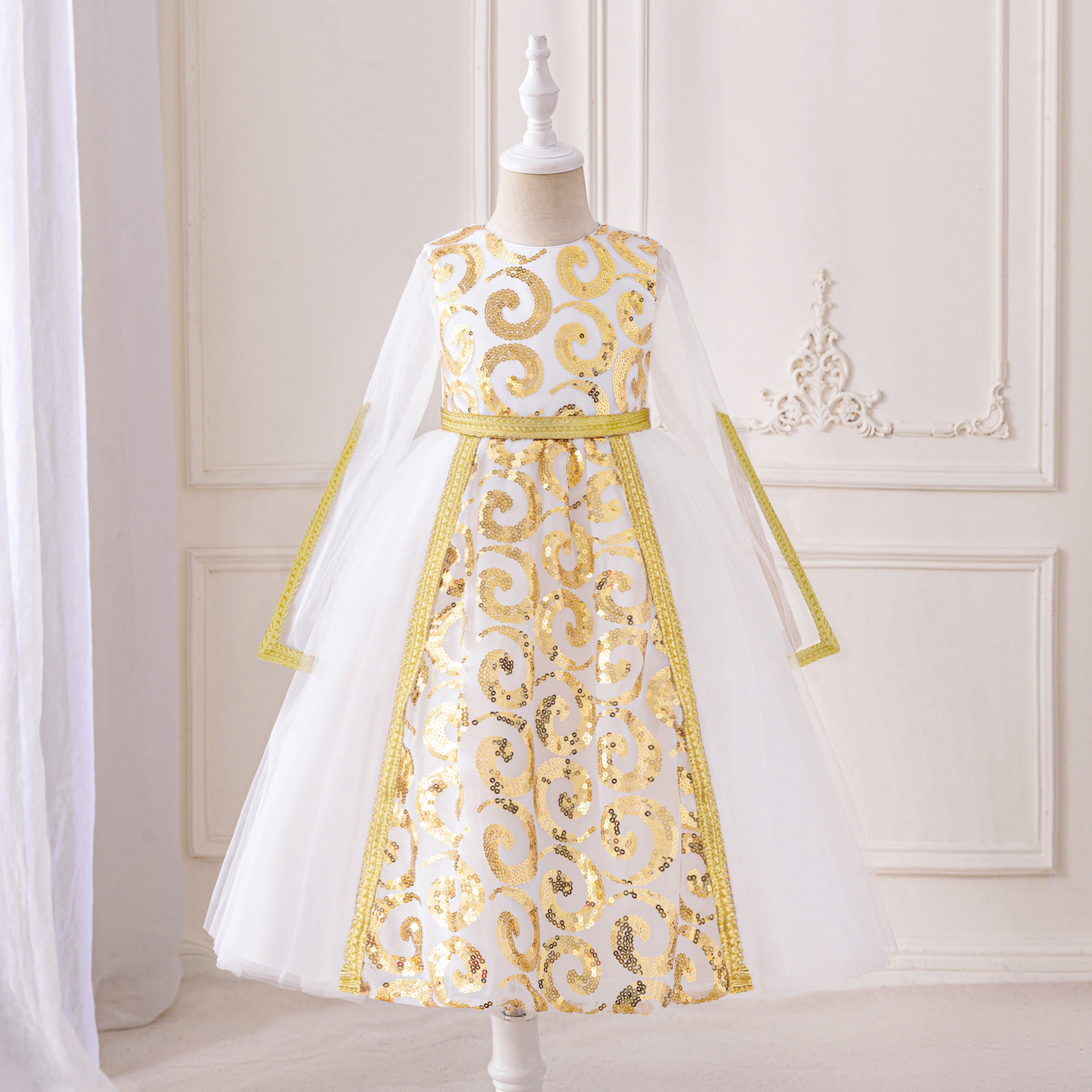 Comercio exterior nuevo estilo Medio Oriente vestido musulmán vestido de princesa estampado vestido de niño vestido de costura blanco