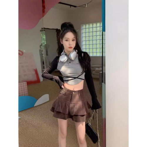 Fish Tail Skirt Semi-Annual Women's Autumn/Winter High-Waist Petite Double Layer A-Line Fluffy Corduroy Short Skirt