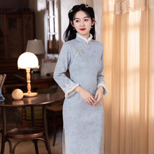 贝之韵2025冬季湖蓝汉服新款麂皮绒倒大袖改良旗袍淑女新中式