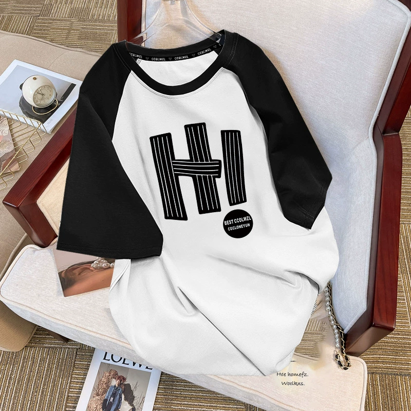 2024 летняя новая футболка из чистого хлопка контрастных цветов с короткими рукавами, Женская облегающая короткая нишевая футболка, уменьшающая возраст, топ с рукавами реглан, маленькая рубашка