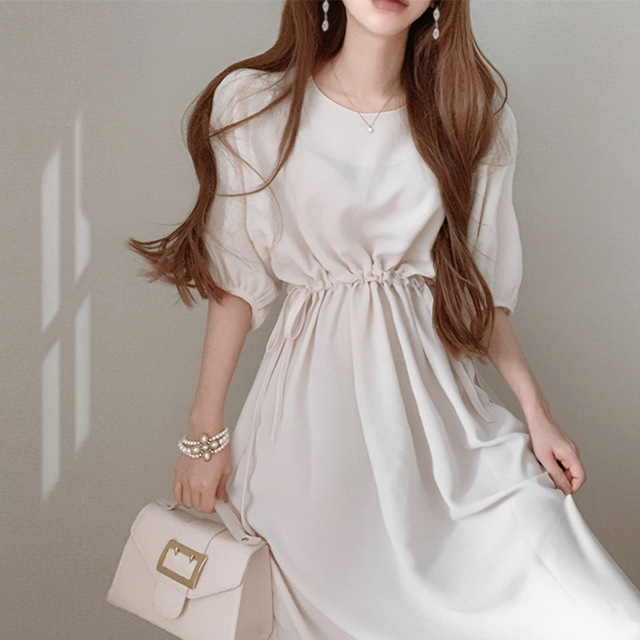 Korean chic Summer New Elegant Elegant Design Drawstring Tight Waist Solid Color Mid-length Puff Sleeve Dress