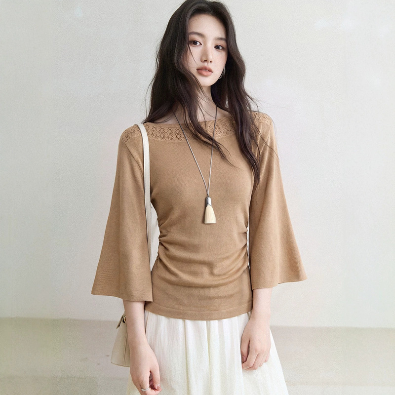 Soft Wool Lace Off-Shoulder Flared Three-Quarter Sleeve Knit Top for Women, Autumn 2026, Elegant and Simple Style, Direct from the Factory Soft Wool Lace Off-Shoulder Flared Three-Quarter Sleeve Knit Top for Women, Autumn 2026, Elegant and Simple Style, Direct from the Factory