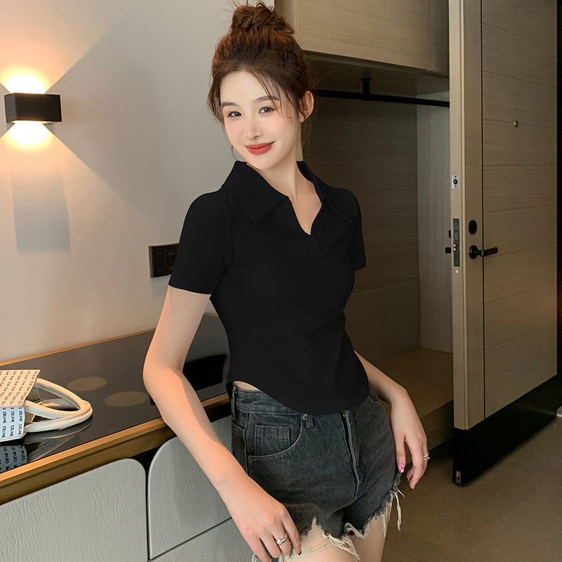 白色polo领短袖T恤女夏季2025新款露脐弧形下摆修身纯欲风上衣潮|undefined