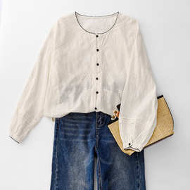 勾线花边圆领文艺长袖衬衫包扣设计显瘦百搭薄款刺绣衬衣