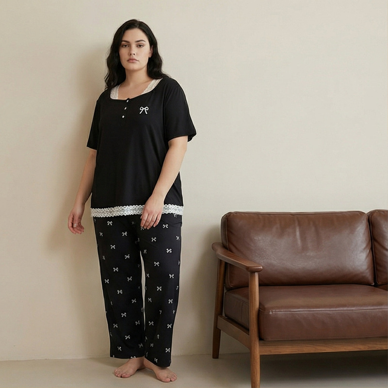 European and American Style Plus-Size Loose and Comfortable Loungewear with Lace Trim, Bow Print, Short-Sleeve Top and Long Pants Two-Piece Set European and American Style Plus-Size Loose and Comfortable Loungewear with Lace Trim, Bow Print, Short-Sleeve Top and Long Pants Two-Piece Set