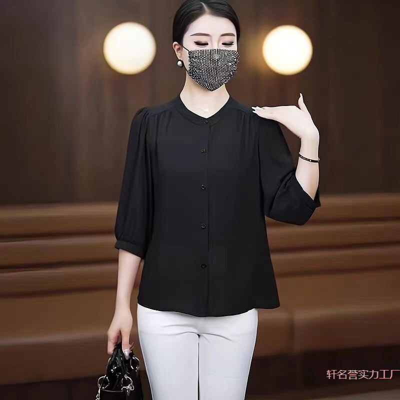 高端雪纺衬衣妈妈宽松夏季新款小衫七分袖纯色中袖薄款衬衫上衣女|undefined