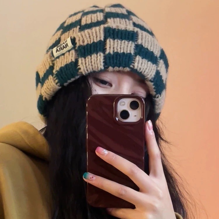 多巴胺撞色格子毛线帽女秋冬韩版大头围冷帽护耳保暖显脸小针织帽|undefined