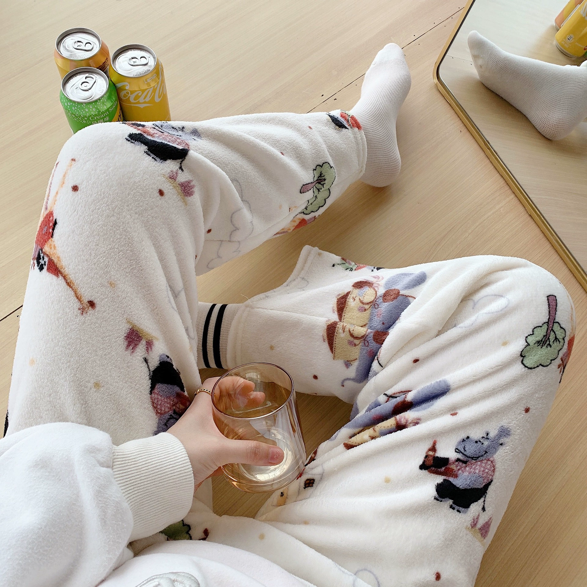 Cartoon flannel demi-season trousers, coral velvet fleece keep warm leggings for leisure, increased thickness