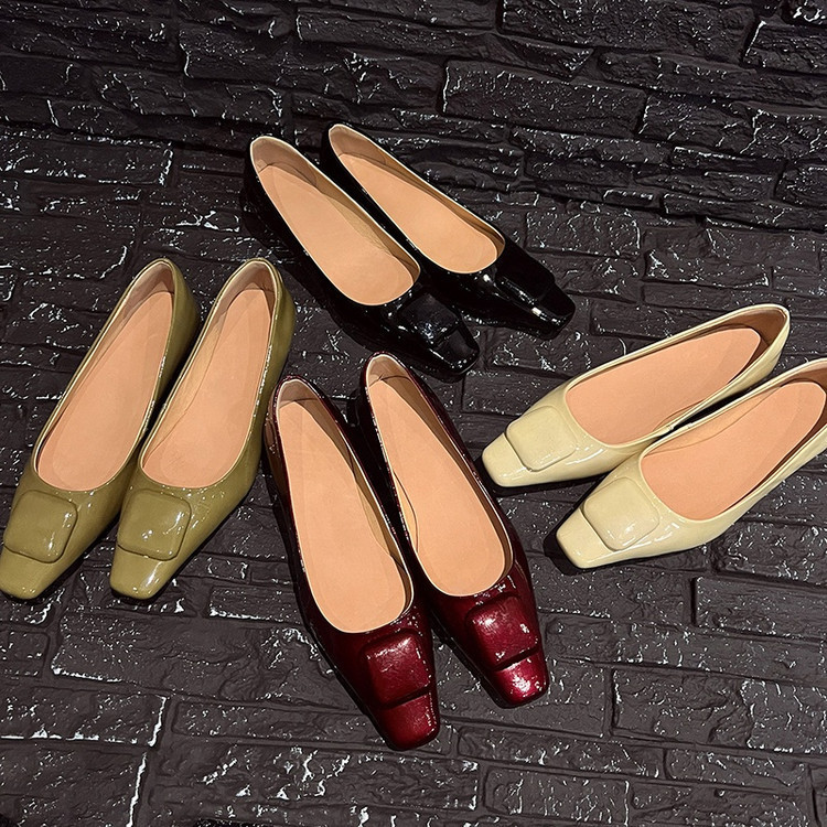 Square Buckle Single-Layer Shoes Women's Cat Heels Spring and Summer New Style Top-Layer Cowhide Leather Square Toe Mid-Heel Fashion Shallow Mouth Single-Layer Shoes Women's Shoes
