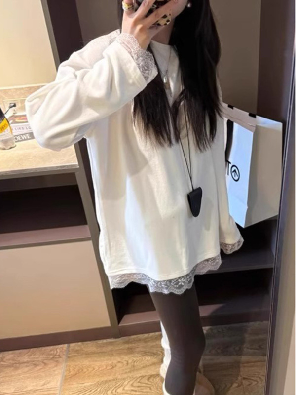 韩系感蕾丝花边长袖T恤女春秋宽松棉打底衫内搭可外穿上衣|undefined