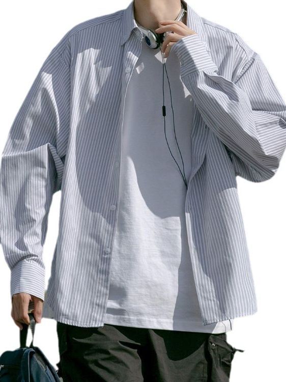 Camisa de manga larga a rayas japonesa para hombre primavera y otoño Camisa de manga corta estilo Hong Kong suelta chaqueta casual de alta calidad de moda