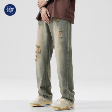 沐丘男装∣美式高街黄泥染破洞牛仔裤男潮牌复古宽松直筒做旧长裤
