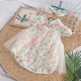 婴儿三角爬服短袖包屁连体服夏季薄款新款宝宝新生儿中式夏款哈衣