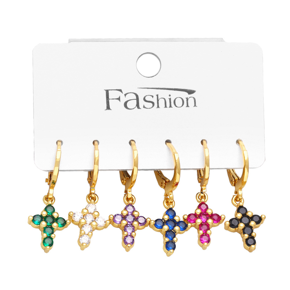 Fashion Cross Copper Drop Earrings Inlay Zircon Copper Earrings 6 Pieces