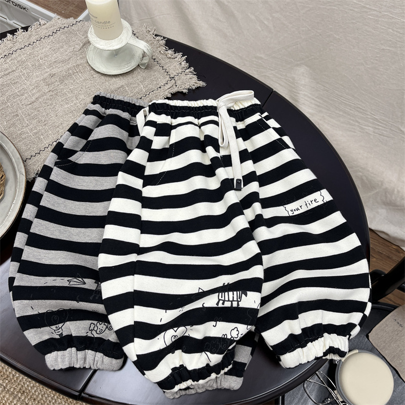 Pantaloni sportivi casual da bambino e bambina in stile occidentale, grandi pantaloni in PP per neonati, pantaloni larghi a righe in cotone per bambini_voghion.com