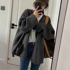 秋冬季新款跨境大码毛衣开衫女设计感外穿软糯宽松慵懒风纯色针织