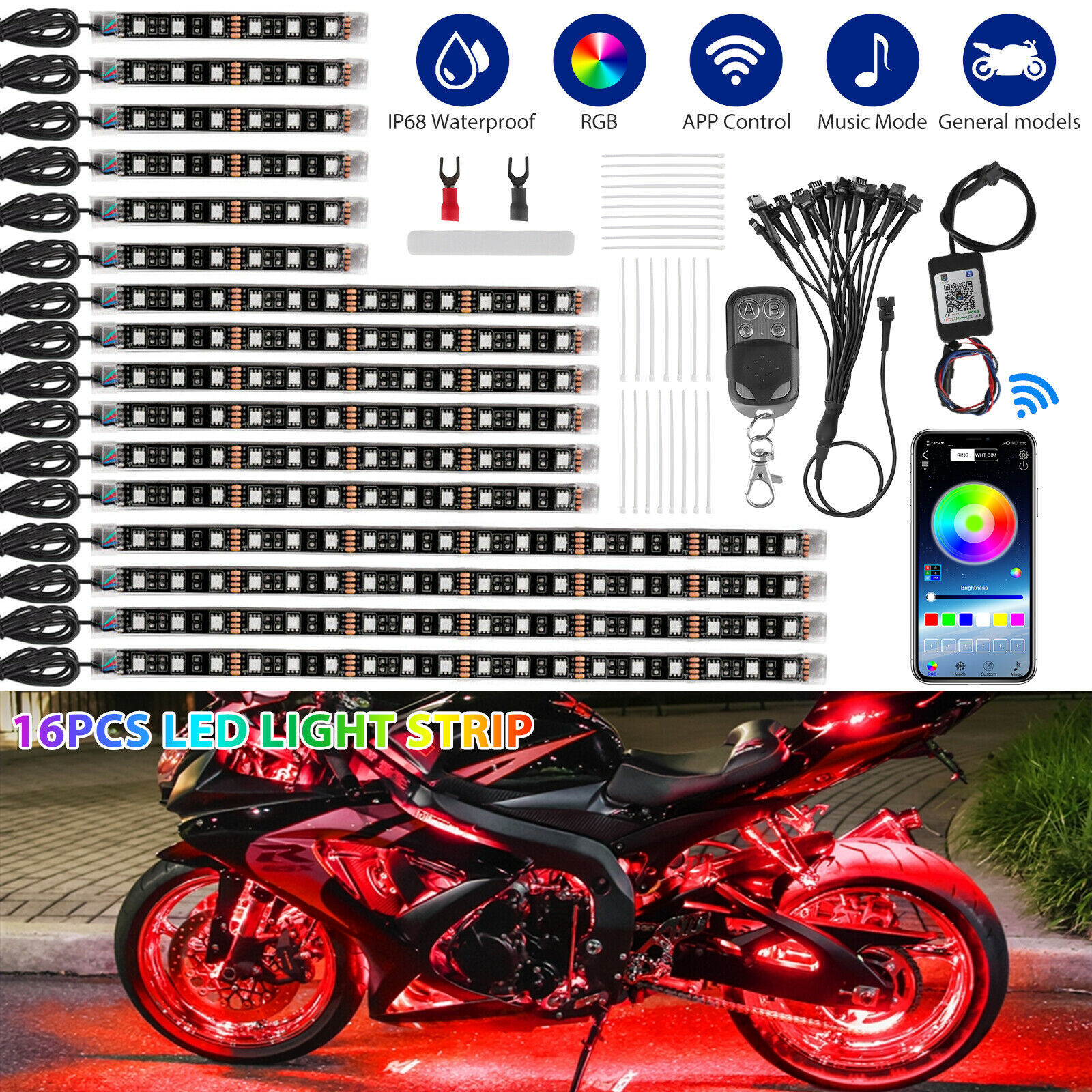 Luz de atmósfera de motocicleta un remolque dieciséis barras de luz de atmósfera luz de chasis colorido RGB APP correa de luz de dirección remota