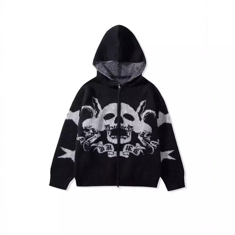 American Style Diablo Skull Jacquard Personality Design Cardigan Zipper Loose Men's and Women's Hooded Sweater