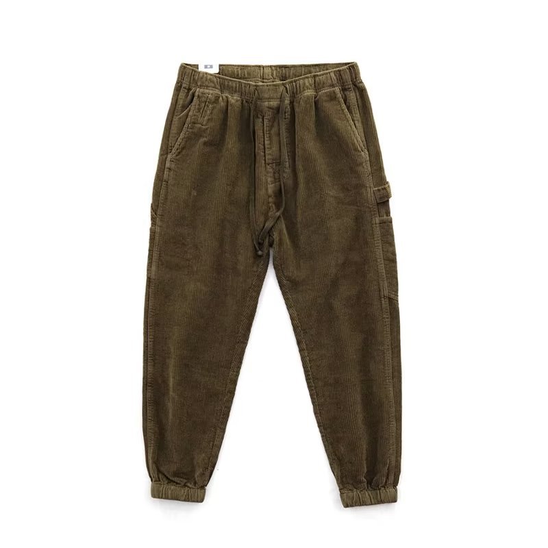 Otoño e invierno europeo y americano Nueva moda micro cintura elástica con cordón ropa de trabajo pantalones atados al tobillo pantalones casuales de pana retro para hombres