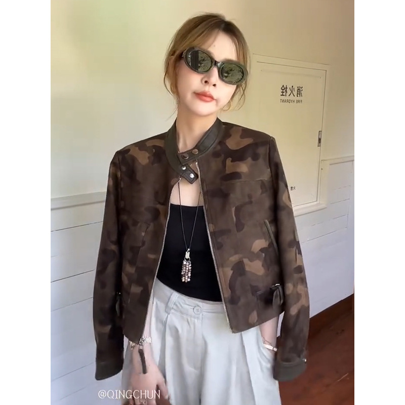 欧洲站秋季立领长袖迷彩机车服外套女2025新款气质高级感夹克上衣|undefined