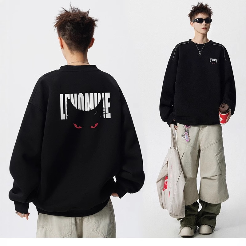 American Heavyweight Round Neck Sweatshirt Men's Autum Devil Letter Design Printed T-Shirt Hip-Hop Men's Hong Kong Style Long Sleeves American Heavyweight Round Neck Sweatshirt Men's Autum Devil Letter Design Printed T-Shirt Hip-Hop Men's Hong Kong Style Long Sleeves