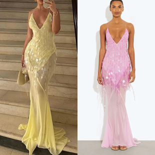 Independent Station Amazon European and American Women's V-neck Sexy Strap Backless Slim Bead Fishtail Dress 8106