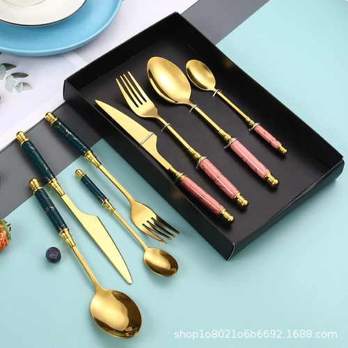 Nordic stainless steel ceramic handle knife, fork and spoon marble spoon Western steak knife, fork and spoon gift box set of four