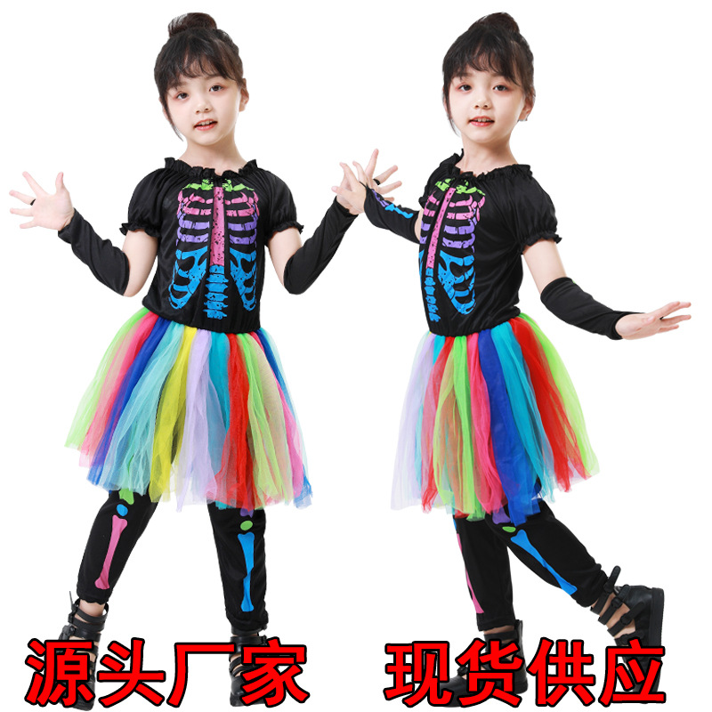Halloween Kids Cute Colorful Skull Dress Scary Skeleton Ghost Punk Girl Skirt Costume
