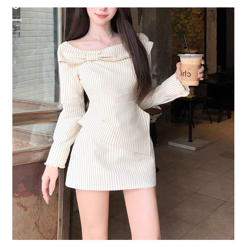 贵气条纹 早秋蝴蝶结一字肩设计感收腰显瘦上衣女半裙2025秋季新|undefined