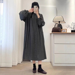 日系森系棉质拼接连衣裙秋季新款减龄宽松百搭显瘦灯笼袖中长裙子
