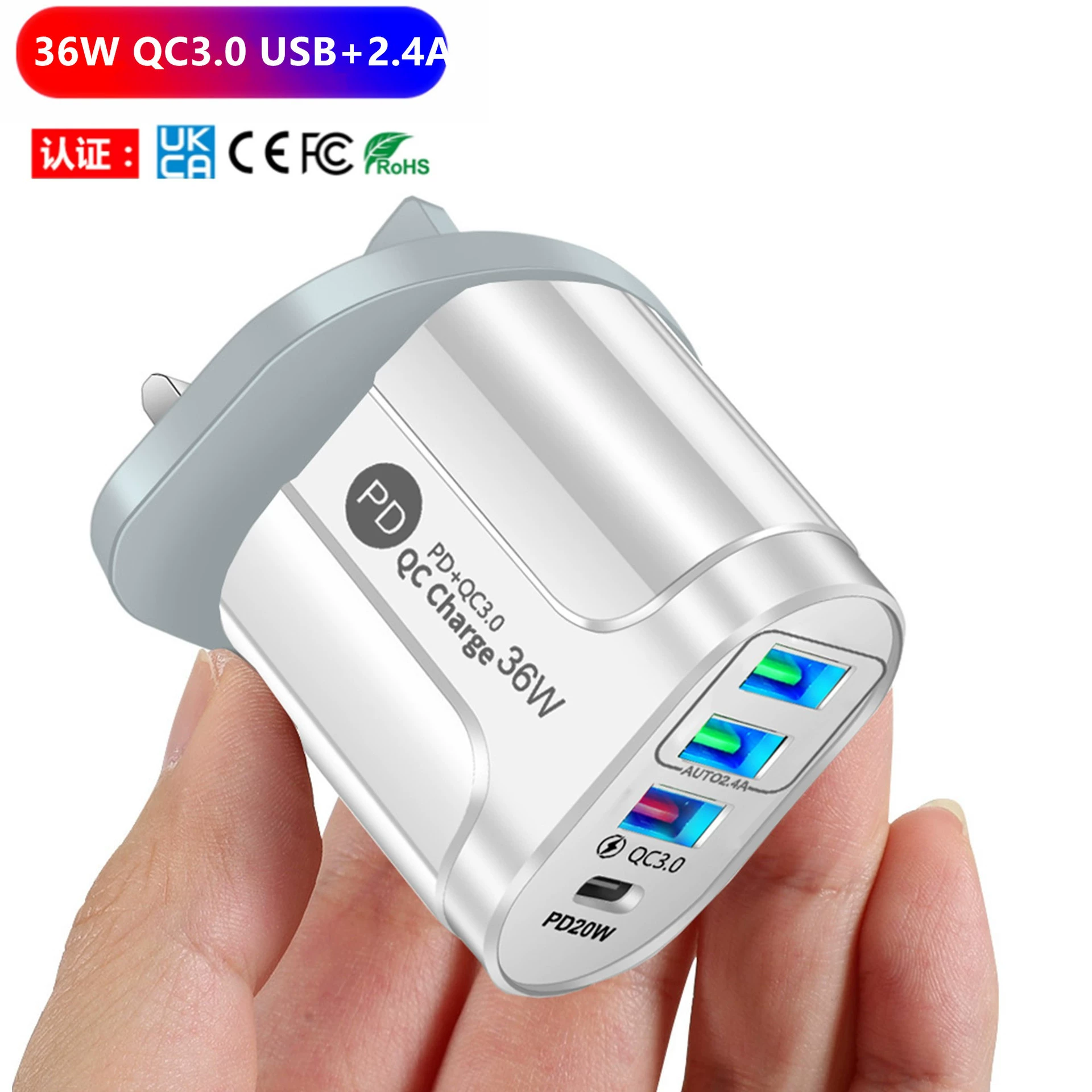 36W Многофункциональная зарядка для мобильного телефона с PD+QC3.0, 2.4A, Европа и США, быстрая зарядка, адаптер на 3 USB с USB-C PD входом