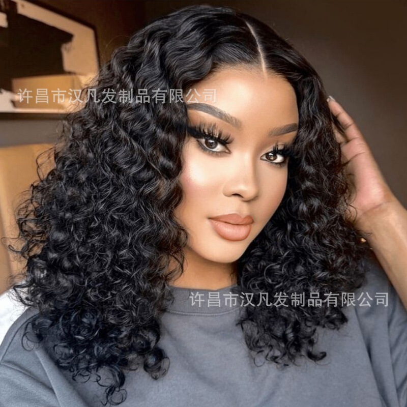 European and American Cross-Border Human Hair Wig 100% Human Hair 4*4 Bob Deep Wave # 1B Short Curly Medium Hair